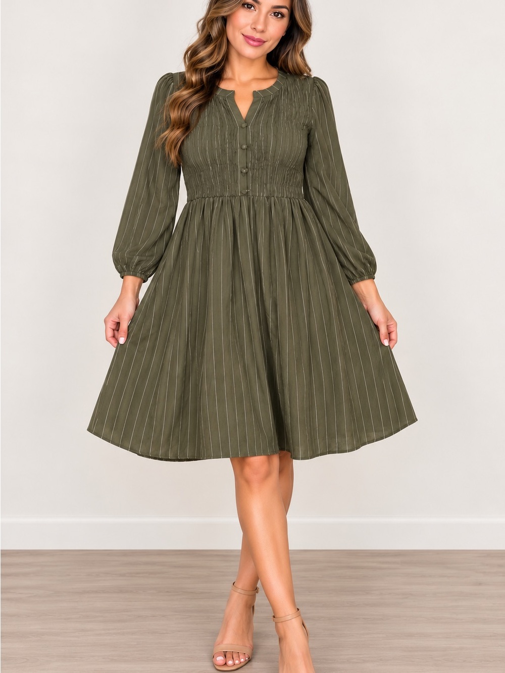 Ava & Viv Olive Green Long-Sleeve Fit & Flare Dress